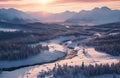 Ariel view of snow covered mountains in a valley Royalty Free Stock Photo
