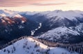 Ariel view of snow covered mountains in a valley Royalty Free Stock Photo