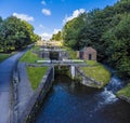 An aerial view up the Five Locks on the Leeds, Liverpool canal at Bingley, Yorkshire, UK Royalty Free Stock Photo