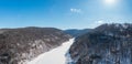 Aerial view up the frozen Cheat River in Morgantown, WV