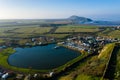 Aerial view of Uphill hill and boatyard near Weston Super Mare, UK