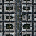 Aerial view of an urban area showing a grid-like pattern of apartment buildings. Each