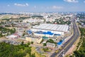 Aerial view of urban industrial district with factory buildings