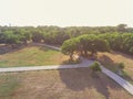 Aerial view urban park with paved pathway in Texas, USA