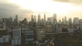 Urban skyscrapers at sunset time