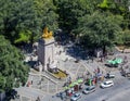 Aerial view of The USS Maine Monument, built in 1913, at the southwest corner of Central Park in New York City