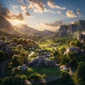 Aerial view of valley with mountains, trees, and clouds at sunset Royalty Free Stock Photo