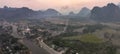 Aerial view of Vang Vieng and Nam Song river at sunset, Laos Royalty Free Stock Photo