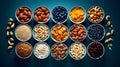 Variety of Healthy Cereals Nuts and Berries on Dark Blue Background. Generative Ai Royalty Free Stock Photo