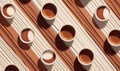 Aerial view of various assorted coffee cups on pastel minimalist theme background Royalty Free Stock Photo