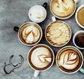 Aerial view of various cappuccino coffee Royalty Free Stock Photo