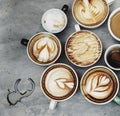 Aerial view of various coffee cups Royalty Free Stock Photo