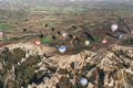 aerial view of various colorful hot air balloons flying above cappadocia, turkey