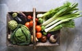 Aerial view of various fresh vegetable in wooden basket Royalty Free Stock Photo