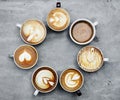 Aerial view of various hot coffee drinks