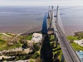 Aerial view of Vasco da Gama bridge crossing Tagus river Royalty Free Stock Photo