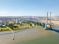 Aerial View Of Vasco da Gama Bridge And High Car Traffic In Lisbon City Royalty Free Stock Photo