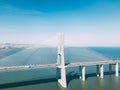 Aerial View Of Vasco da Gama Bridge And High Car Traffic In Lisbon City Royalty Free Stock Photo