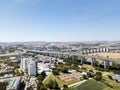 Aerial View Of Vasco da Gama Bridge And High Car Traffic In Lisbon City Royalty Free Stock Photo