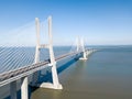 Aerial View Of Vasco da Gama Bridge And High Car Traffic In Lisbon City Royalty Free Stock Photo