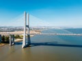 Aerial View Of Vasco da Gama Bridge And High Car Traffic In Lisbon City Royalty Free Stock Photo