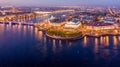 Aerial view Vasilievsky Island with Rostral columns, Palace bridge or Dvortsovy bridge, and Saint Isaac Cathedral across Moyka ri