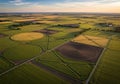 Aerial view of vast agricultural fields in a rural area during sunset. Royalty Free Stock Photo