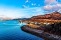 Aerial view of a vast body of water and a mountain range in Kyle of Lochalsh, Scotland, UK