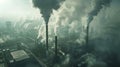 An aerial view of a vast industrial complex with tall chimneys billowing smoke symbolizing the production and
