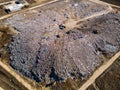 Aerial view of a vast landfill, where bulldozers are working and trucks are bringing new waste, huge flocks of birds are