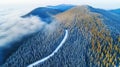 Aerial view of vast snow-covered forest and scenic mountain range landscape Royalty Free Stock Photo