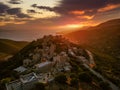 Aerial view of Vathia village against a Dramatic sunset sky. Vathia, Mani, Laconia, Peloponnese, Greece