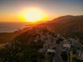 Aerial view of Vathia village against a Dramatic sunset sky. Vathia, Mani, Laconia, Peloponnese, Greece