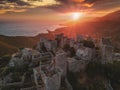 Aerial view of Vathia village against a Dramatic sunset sky. Vathia, Mani, Laconia, Peloponnese, Greece