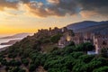 Aerial view of Vathia village against a Dramatic sunset sky. Vathia, Mani, Laconia, Peloponnese, Greece