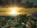 Aerial view of Vathia village against a Dramatic sunset sky. Vathia, Mani, Laconia, Peloponnese, Greece