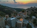 Aerial view of Vathia village against a Dramatic sunset sky. Vathia, Mani, Laconia, Peloponnese, Greece