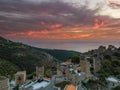 Aerial view of Vathia village against a Dramatic sunset sky. Vathia, Mani, Laconia, Peloponnese, Greece
