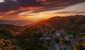 Aerial view of Vathia village against a Dramatic sunset sky. Vathia, Mani, Laconia, Peloponnese, Greece