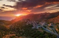 Aerial view of Vathia village against a Dramatic sunset sky. Vathia, Mani, Laconia, Peloponnese, Greece