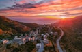 Aerial view of Vathia village against a Dramatic sunset sky. Vathia, Mani, Laconia, Peloponnese, Greece