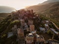 Aerial view of Vathia village against a Dramatic sunset sky. Vathia, Mani, Laconia, Peloponnese, Greece