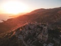 Aerial view of Vathia village against a Dramatic sunset sky. Vathia, Mani, Laconia, Peloponnese, Greece