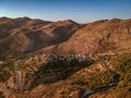 Aerial view of Vathia village against a Dramatic sunset sky. Vathia, Mani, Laconia, Peloponnese, Greece