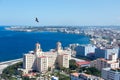 Aerial view of the Vedado district with a turkey vulture soaring over the buildings in the blue sky Royalty Free Stock Photo