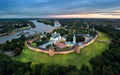 Aerial view of Veliky Novgorod kremlin at dusk