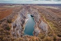 Aerial view of Velka Amerika,Big America,limestone quarry.Grand Canyon of Czech Republic.Labyrinth of caves,lake with crystal