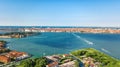 Aerial view of Venetian lagoon and cityscape of Venice island in sea from above, Italy Royalty Free Stock Photo