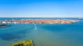 Aerial view of Venetian lagoon and cityscape of Venice island in sea from above, Italy