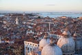 Aerial view of Venice rooftops and Saint Mark Basilica domes, Italy
